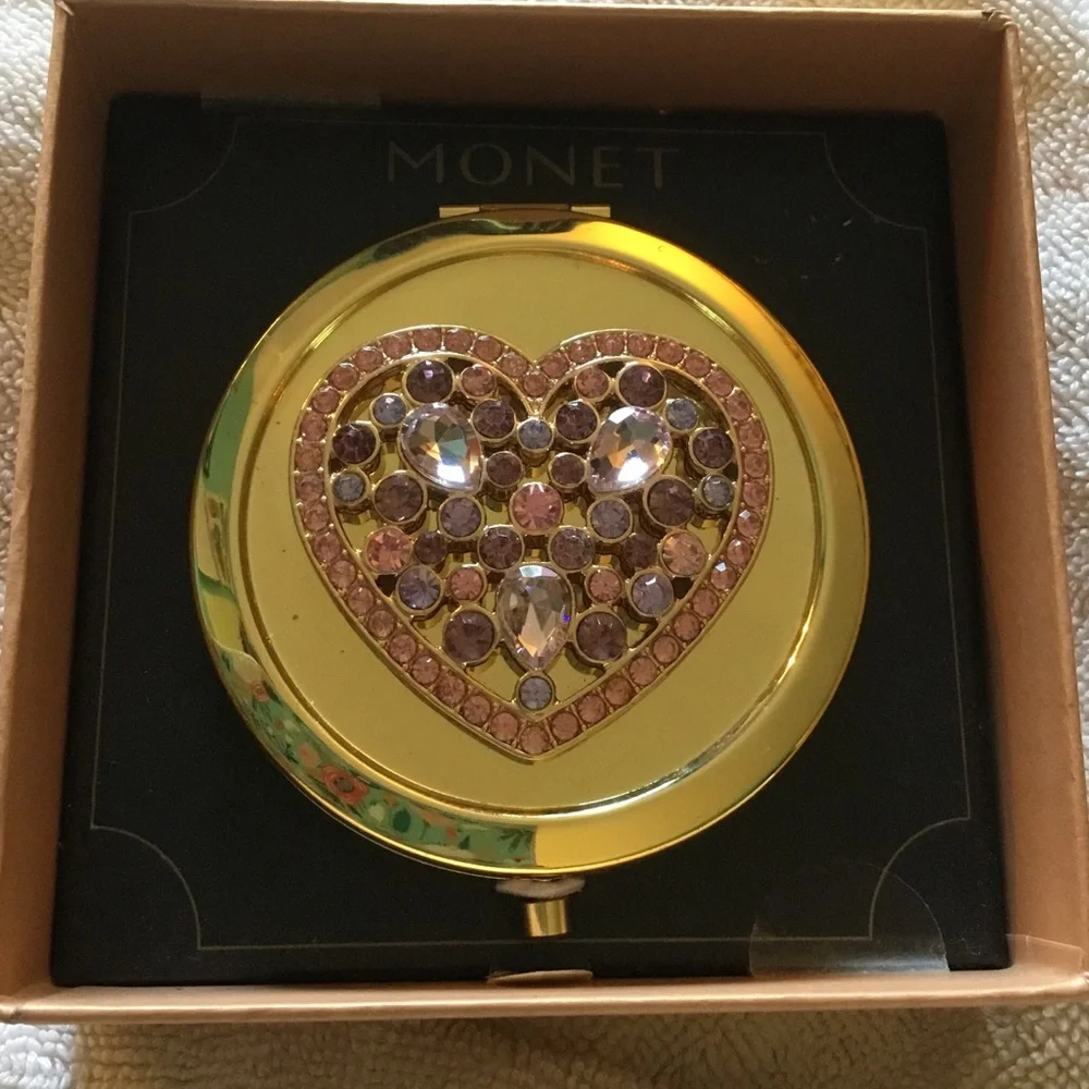 Monet Gold-tone Heart Compact with Pink & Purple Stones